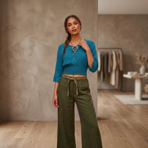 <strong>Women's</strong> Bohemian Crop <strong>Top</strong> Blouse <strong>Teal</strong> Three Quarter Bell Sleeve O-Neck Solid Color Spring Summer Regular Fit Woven Rayon - Product Image 3