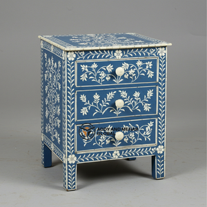 Mesa de Noche de Lujo con Incrustaciones de Hueso Azul, Ecológica, Moderna, Hecha a Mano, con Diseño Floral y 2 Cajones para Dormitorio - Product Image 6