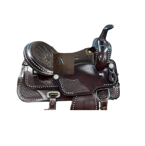 Western Brown Leather Basket Hand Tooled Barrel Racing Horse Saddle Flower Conchos Suede Seat Metal Studded 10" 18" LLT - Product Image 2