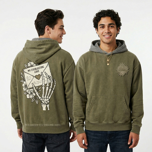Sweat-shirt à capuche vert olive délavé coupe ample avec motif graphique main squelette et broderie 3D cœur personnalisée – Vente en gros - Product Image 1