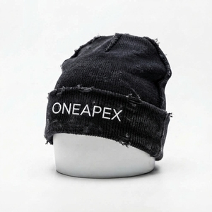 Gorro de punto negro desgastado para hombre, gorro de invierno con dobladillo, gorra unisex estilo streetwear, gorro tipo calavera, accesorio de moda al por mayor con logotipo personalizado - Product Image 1
