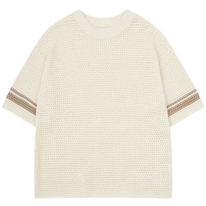 Camiseta de punto de ganchillo con rayas en contraste, top casual de verano texturizado de manga corta, prenda de punto transpirable - Product Image 1