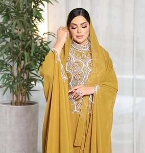 Elegant Mustard Yellow Abaya With Beaded Embroidery High Neck Long Sleeve Floor Length Modest Dress For Wedding India - Product Image 2
