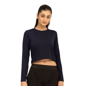 Camiseta Corta Negra de Manga Larga para Mujer, Cuello Redondo, Corte Ajustado, Informal, Elástica, Largo a la Cintura, Prenda Básica para Uso Diario - Product Image 1