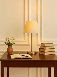 Indoor Decorative Metal Stand <b>Table</b> Lamp with Elegant Fabric Shade Modern Golden <b>Bedside</b> Night Light for Living Room - Product Image 5