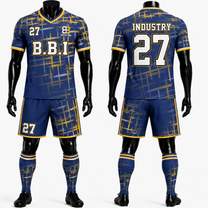 Ensemble de maillot de football unisexe bleu marine à motif croisé doré, 100% polyester, ensemble uniforme personnalisé, short de football sublimé, OEM - Product Image 1