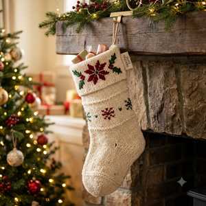 Chaussette de Noël en tricot brodée motif Poinsettia, en laine crème, à suspendre au foyer, motif floral, emballage cadeau de fêtes - Product Image 3