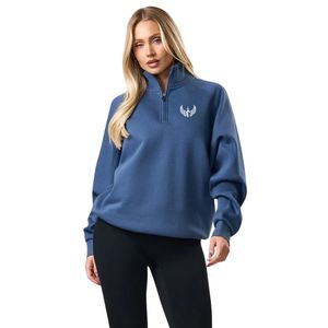Sweat-shirt pour femme en molleton bleu acier à manches raglan, col montant et quart de zip, manches longues, style streetwear décontracté, coupe ample et confortable - Product Image 1
