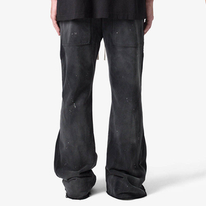 Pantalon de survêtement évasé noir pour homme, taille élastique, cordon de serrage, fermeture éclair latérale, style streetwear, effet usé, mélange de coton - Product Image 5