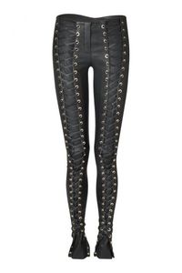 Black Genuine <b>Leather</b> High Waist Laced Formal Skinny Fit Full Length Button Fly <b>Pants</b> <b>Lace</b>-<b>Up</b> Side Hollow Design Women's - Product Image 4