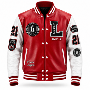 Custom Red <b>White</b> Varsity Letterman <b>Jacket</b> for <b>Men</b> and Women with PU Leather Sleeves Chenille Embroidery Patches Rib Knit Collar - Product Image 1