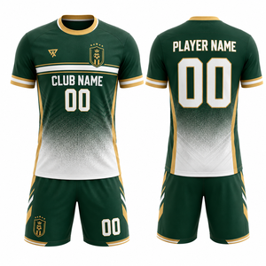 Conjunto de Uniforme de Fútbol Sublimado Personalizado Verde Dorado Manga Corta Cuello en V Transpirable Ligero y Duradero MEGAMAPLE Ropa Deportiva para Adultos - Product Image 1