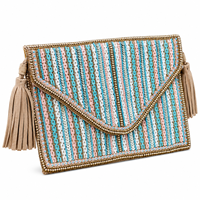 Bolso de mano de lujo con borlas de cuentas de cristal hechas a mano para mujer, cartera de noche de diseñador, cierre de botón, venta al por mayor OEM ODM