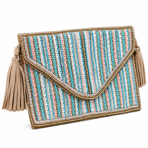 Pochette de soirée de luxe pour femme en verre perlé fait main avec pompon, design enveloppe, fermeture à bouton, géométrique, OEM ODM, vente en gros - Product Image 5