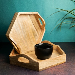 Hexagon Wooden Serving <b>Tray</b> With Handles For Drink And Food <b>Storage</b> Minimalist Design Unfinished Natural Wood Finish - Product Image 6