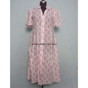 Indian Cotton Floral Block Print Dress Button Down Dress Women's <b>Dressing</b> <b>Gown</b> Casual Dress Print Women short Sleeve <b>Long</b> <b>Length</b> - Product Image 3
