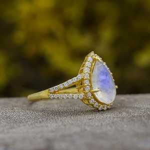 Pear Moonstone Prong <b>Ring</b> for Women 925 <b>Sterling</b> <b>Silver</b> Natural Rainbow Moonstone Solitaire <b>Ring</b> Handmade Fine Jewelry - Product Image 2