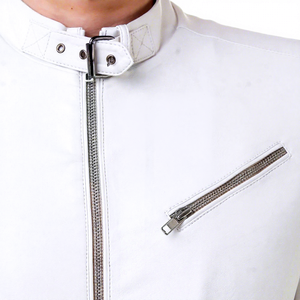 Men's <b>White</b> Moto <b>Jacket</b> Stand Collar Zipper Closure Slim Fit Regular Length Solid Color <b>Biker</b> Style Autumn Wear - Product Image 6