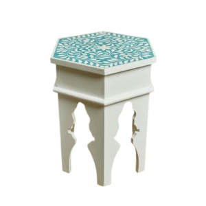 Tabouret floral incrusté de os, table d'appoint hexagonale incrustée de nacre bleu sarcelle, meuble de luxe en nacre, table d'angle marocaine pour salon - Product Image 1