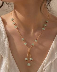 Collar Personalizado Bañado en Rodio con Cuentas de Melón Verde Menta, Cuentas de Rubí y Borla en Cascada, Cadena de Cable, Conjunto de Lujo Nupcial para Mujer - Product Image 1