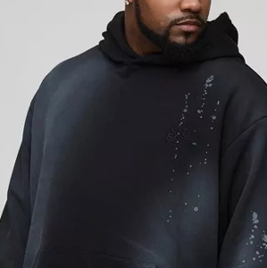 Men's <b>Black</b> 100% Cotton Custom Printed Embroidered Sun Fade Distressed <b>Fleece</b> Oversized Pullover Hoodie Drop Shoulder Spray Wash - Product Image 5