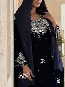 Women's Modest Simple Solid Velvet <b>Kaftan</b> Abaya Eco-Friendly All Seasons Light Beaded Floor-Length A-Line <b>Long</b> Sleeve Built-in - Product Image 5