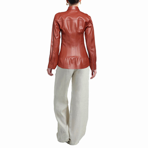 <b>Women</b> Faux Leather <b>Shirt</b> <b>Long</b> Sleeve Button Front Collared Slim Fit Elegant Blouse Solid Color Turn-down Collar tank top - Product Image 3
