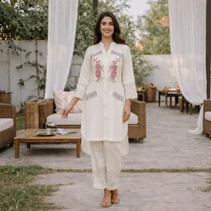 Women's <b>White</b> Embroidered Cotton <b>Set</b> Kurta Three Quarter Sleeve Long Pants Floral Design Casual Spring Summer Outfit - Product Image 1