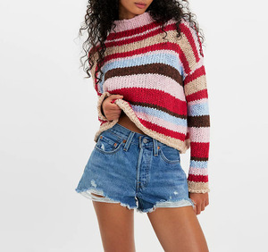 Pull court tricoté rayé à col roulé pour femme, manches longues, décontracté, pour l'hiver, 100 % acrylique, fait main, vente chaude - Product Image 1