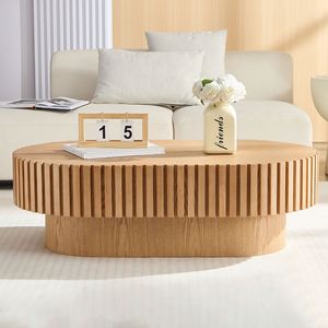 43.70-Inch Modern Handcrafted <b>Oval</b> Drum <b>Coffee</b> <b>Table</b> with Sturdy Pedestal Small Wooden Design for Living Room - Product Image 4