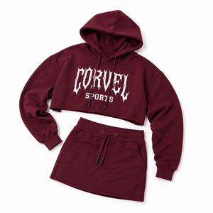 Premium <b>Gothic</b> Print Heavyweight Y2K Custom Oversized Gym Fitness Cropped Maroon <b>Hoodies</b> Women's Tracksuit Sporty Mini Skirt Set - Product Image 3