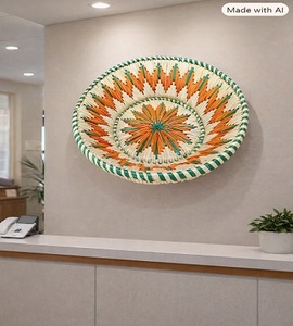 Panier rond tissé à la main avec motif géométrique orange et vert, décoration bohème pour la maison, décoration murale pour le salon, bol décoratif - Product Image 3