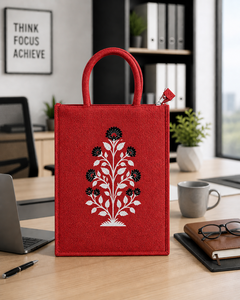 Sac fourre-tout en jute rouge avec impression à la main bicolore, fermeture éclair, sac de shopping réutilisable écologique - Product Image 1
