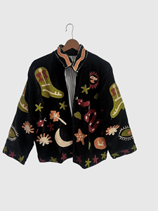 Chaqueta Blusón de Terciopelo Bordada a Mano con Cuello Mandarín, Manga Larga, Corte Cuadrado, Estampado Floral, Abrigo de Otoño para Mujer - Product Image 1