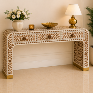 Premium Wood Inlay <b>Console</b> <b>Table</b> with 3 Drawers Floral Entryway <b>Desk</b> Luxury Hallway Accent Furniture For Living Room Decor - Product Image 1