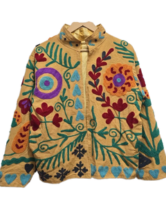 Veste bomber en tricot Suzani faite à la main |   Veste en lin et coton brodée de fleurs indiennes vintage |   Manteau respirant et écologique - Product Image 5