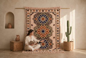 Alfombra de Lana Marroquí Anudada a Mano, Medallón Geométrico Andaluz, Kilim Bereber, Alfombra de Lujo para Decoración del Hogar - Product Image 1