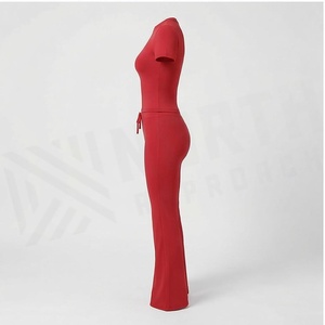 Red Crew Neck Short Sleeve Flared Leg <b>Jumpsuit</b> High Waist Drawstring Seamless Full Length Solid Color Yoga Wear - Product Image 3
