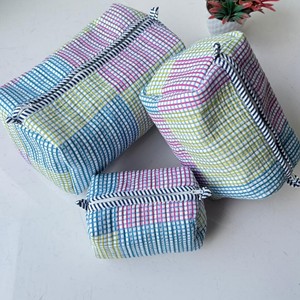 Set Of 3 Cotton Drawstring Cosmetic <b>Toiletry</b> Bag With Panelled Checkered Pattern For Travel And Makeup <b>Storage</b> - Product Image 4