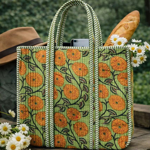 Bolsa de Mano de Algodón Estampada a Mano, Bolsa de Mano de Algodón Hecha a Mano en India, Bolsa de Mano para Mujer, Bolsa de Hombro Acolchada Estampada a Mano - Product Image 1