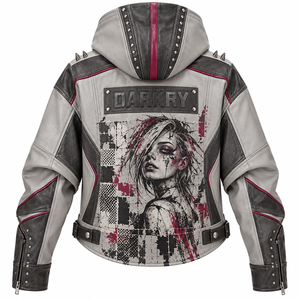 Grey <b>Women</b> Genuine Leather Hooded Jacket Custom Punk Portrait Graphic Print Colorblock Spiked <b>Outerwear</b> OEM Factory Service - Product Image 2