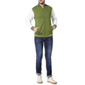 <b>Men's</b> Green Varsity <b>Jacket</b> With <b>White</b> Sleeves Zipper Closure Casual Cotton Polyester Blend Stand Collar Pockets Autumn Wear - Product Image 1