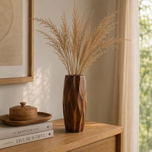 Vase en bois massif sculpté à la main, style moderne, motif irrégulier, incassable, pour bureau, usage intérieur, fleurs séchées, taille personnalisée - Product Image 1