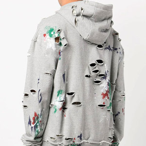 Men's Gray Oversized Hooded Sweatshirt With Hand-Painted Spray Print Cut-Out Design Streetwear Style - Product Image 3