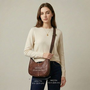 Women Genuine Leather Durable Single Zipper <b>Small</b> Crescent Crossbody <b>Bag</b> Minimalist Half Moon <b>Shoulder</b> Handbag for Travel Brown - Product Image 6