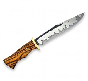 Outil utilitaire personnalisé avec manche en bois de zèbre et garde en laiton massif avec lame fixe en acier Damas - Product Image 1