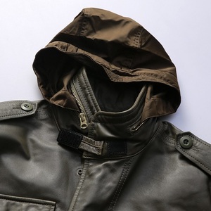 Veste de chasse décontractée d'hiver pour homme en cuir de vache véritable, noire, col montant, fermeture éclair, à capuche, matelassée, grande taille, en cuir véritable, coupe-vent - Product Image 5