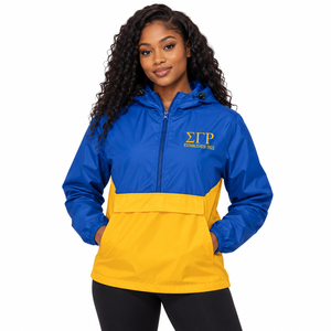 Veste Anorak Coupe-Vent Légère pour Femme Bleu Royal et Jaune, à Capuche, Demi-Zip, Color Block, avec Poche à Rabat Avant Longue - Product Image 1