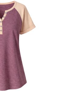 T-shirt pour femme beige bordeaux à manches courtes, col Henley, manches raglan, coton doux, décontracté, haut d'été confortable, à porter au quotidien, élégant - Product Image 5