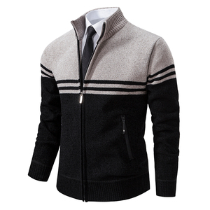 Men's Gray And <b>Black</b> Striped Knit <b>Cardigan</b> Full Zipper Mandarin Collar Regular Sleeve Autumn Wear Anti-Pilling <b>Wool</b> Acrylic - Product Image 1